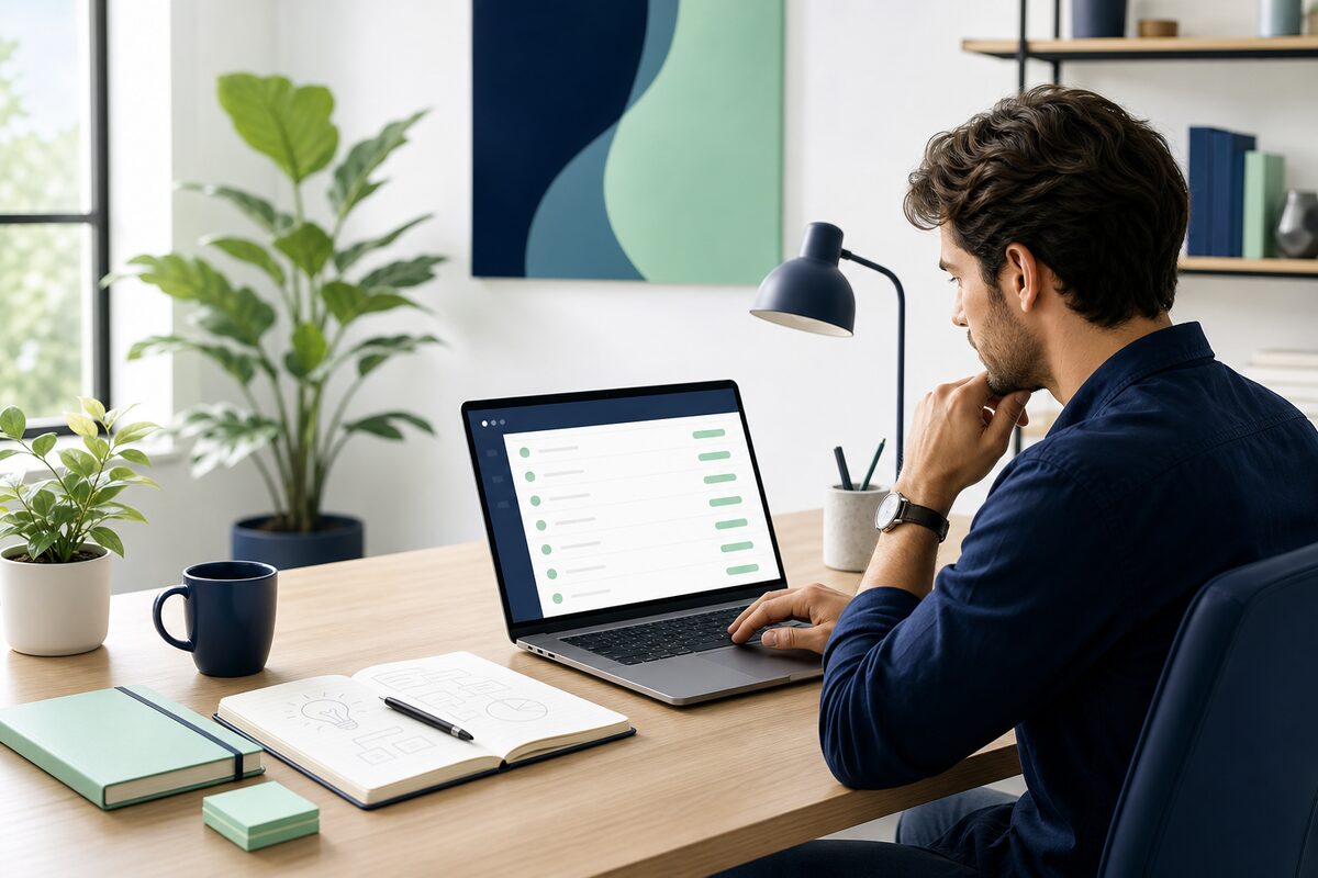 Person searching for company names not taken on a laptop